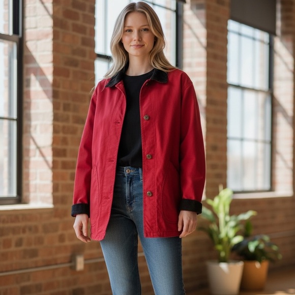 Lands' End Barn Chore Red Jacket Coat Multi Plaid Flannel Lining Women’s Sz L - Picture 2 of 12